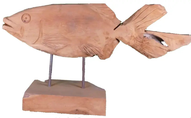Product image 1 of the product “carved koi wood on stand M made from teak root pieces, 64cm length ”